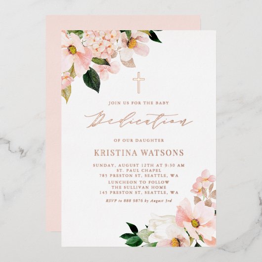 Invitation En Aluminium Magnolia rose et Hydrangea Dédication pour bébé (Recto/Verso)