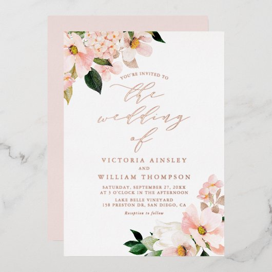 Invitation En Aluminium Magnolias rose pâle et Mariage d'hydrangées (Recto/Verso)