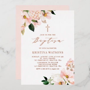 Invitation En Aluminium Magnolias rose pâle Hydrangeas Rose Baptême d'or