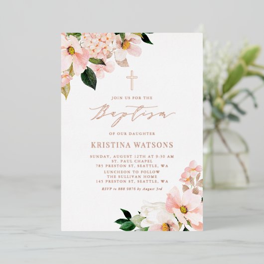 Invitation En Aluminium Magnolias rose pâle Hydrangeas Rose Baptême d'or (Debout devant)