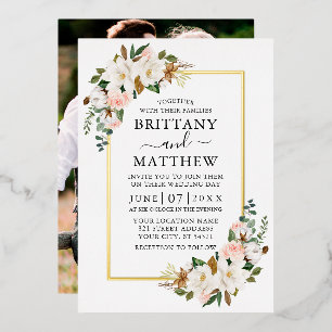 Invitation En Aluminium Magnolias Roses Photo Mariage Aquarelle Or