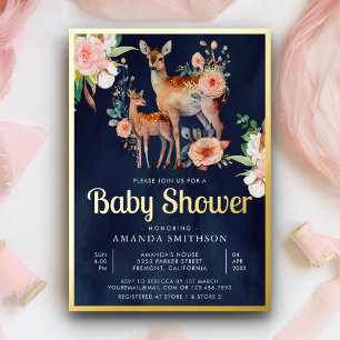 Invitation En Aluminium Maman Bébé Floral Cerf Bleu Marine Baby Shower Or