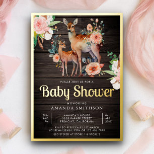 Invitation En Aluminium Maman Bébé Floral Cerf Bois Baby Shower Or