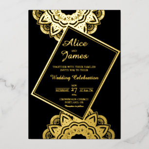 Invitation En Aluminium Mandala à Cadre Incliné Mariage Noir et Or