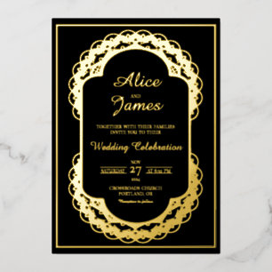 Invitation En Aluminium Mandala à l'Arche Ovale Élégant Mariage Noir et Or