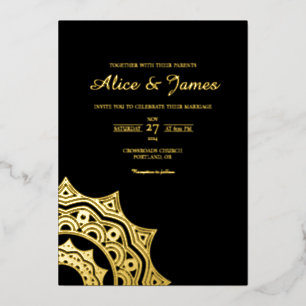 Invitation En Aluminium Mandala Corner Élégant Mariage Feuille D'or Noir