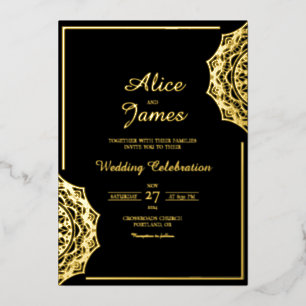 Invitation En Aluminium Mandala Corner Élégant Mariage Feuille D'or Noir