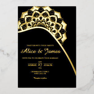 Invitation En Aluminium Mandala Courbé Élégant Mariage Noir et Or