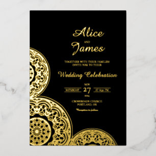 Invitation En Aluminium Mandala Élégant Mariage Indien Feuille D'or Noir