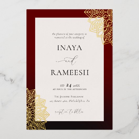 Invitation En Aluminium Mandala en or rouge (Recto)