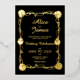 Invitation En Aluminium Mandala Floral Élégant Mariage Noir et Or à Feuill