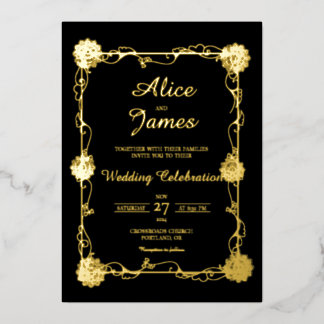 Invitation En Aluminium Mandala Floral Élégant Mariage Noir et Or à Feuill