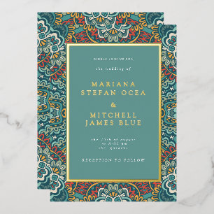 Invitation En Aluminium Mandala géométrique romantique bleu gris et rouge