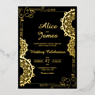 Invitation En Aluminium Mandala Luxe Noir Feuille d'Or Mariage Indien