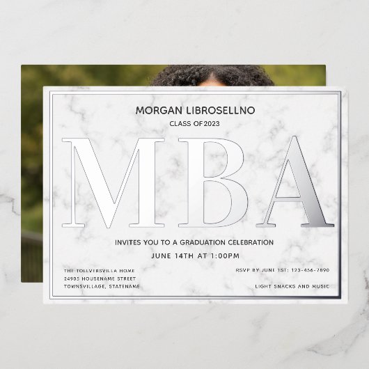 Invitation En Aluminium Marble Silver Photo MBA Graduation (Recto/Verso)