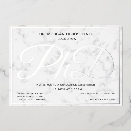 Invitation En Aluminium Marble Silver White Doctorat (Recto)