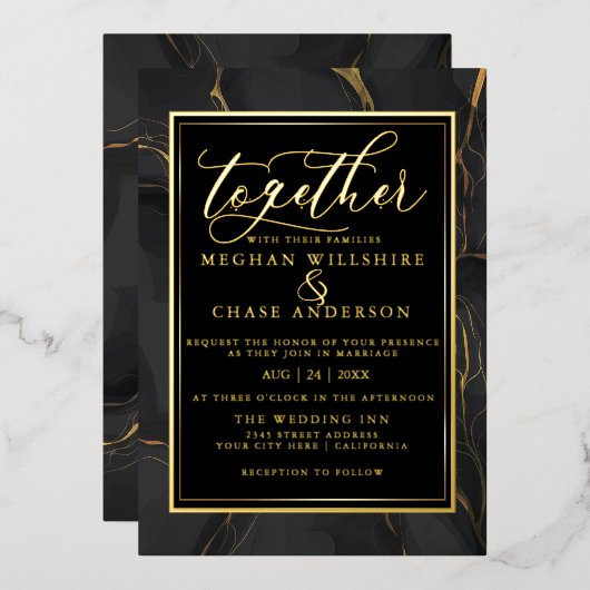 Invitation En Aluminium Marbre d'or noir moderne (Recto/Verso)