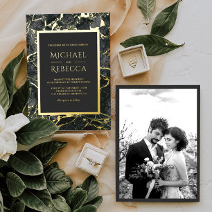 Invitation En Aluminium Marbre Gris Charbon Moderne Photo Mariage Or