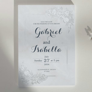 Invitation En Aluminium Marbre Minimal Et Floral Blanc Dusty Blue Mariage