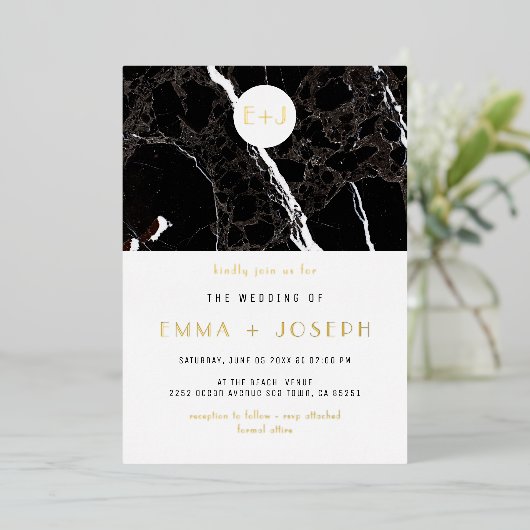 Invitation En Aluminium Marbre noir Moderne Simple Mariage Gold Foil (Debout devant)