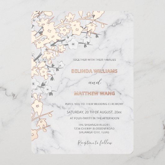 Invitation En Aluminium Marbre or rose | Cherry Blossom Mariage (Recto)