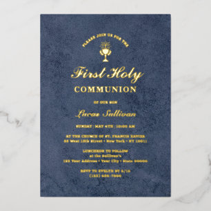 Invitation En Aluminium Marbre Velours Bleu Première Communion