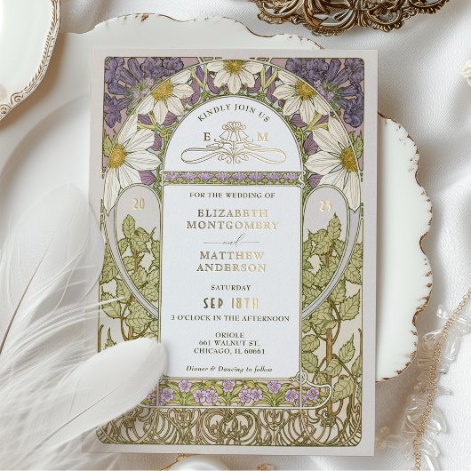 Invitation En Aluminium Marguerites de lavande d'or Mariage Art Nouveau