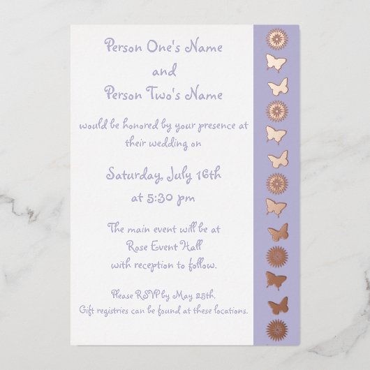Invitation En Aluminium Marguerites et papillons en Lavande (Recto)