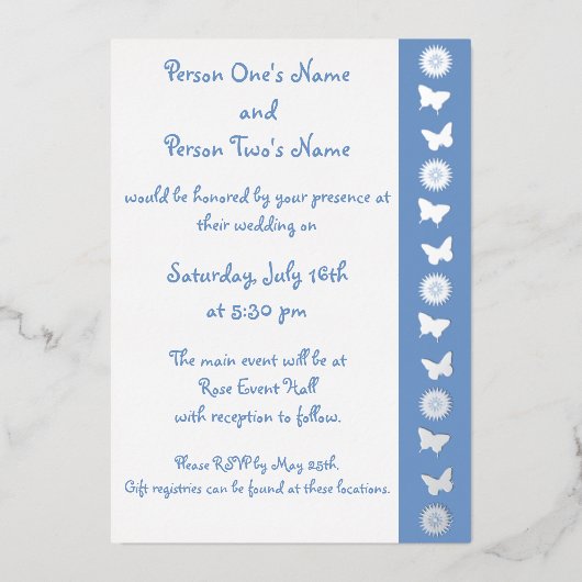 Invitation En Aluminium Marguerites et papillons en Périwinkle (Recto)