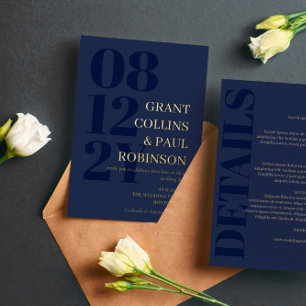 Invitation En Aluminium Mariage 2 en 1 Typographie Navy & Or