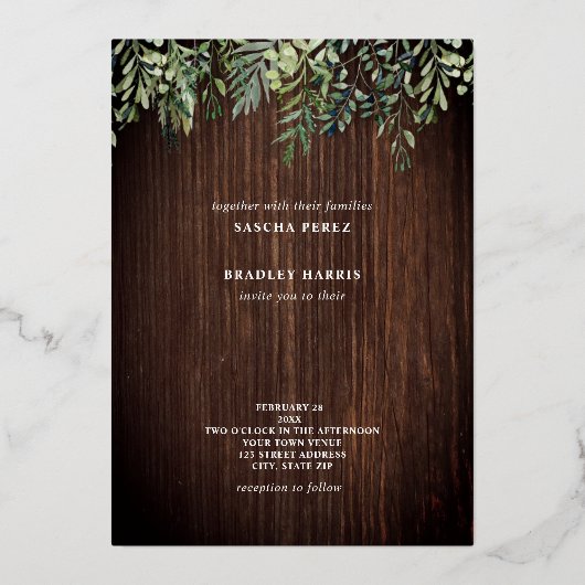 Invitation En Aluminium Mariage à cordes en bois d'écorce botanique (Recto)