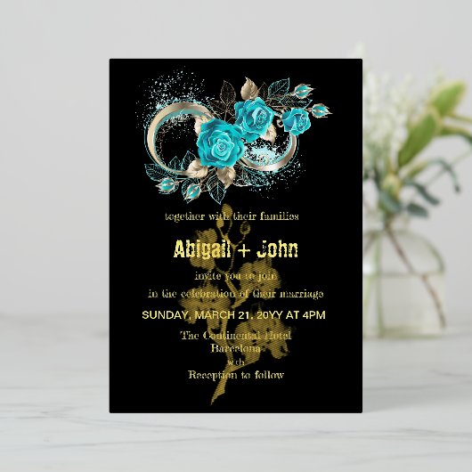 Invitation En Aluminium Mariage à fleurs Aqua (Debout devant)