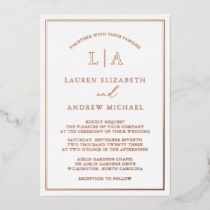 Invitation En Aluminium Mariage à la bordure de monogramme en or rose roma