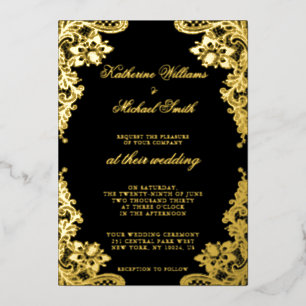 Invitation En Aluminium Mariage à la Dentelle Florale Noir et Or