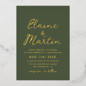 Invitation En Aluminium mariage à l'écriture dorée vert olive (Recto)