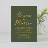 Invitation En Aluminium mariage à l'écriture dorée vert olive (Debout devant)