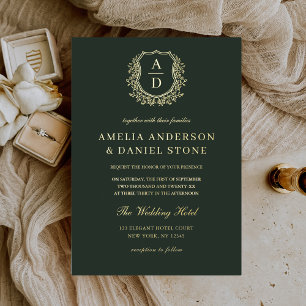 Invitation En Aluminium Mariage à monogramme de crête feuillue en véritabl