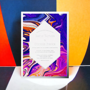 Invitation En Aluminium Mariage Abstrait Galaxie Mauve Bleu Minimal Argent