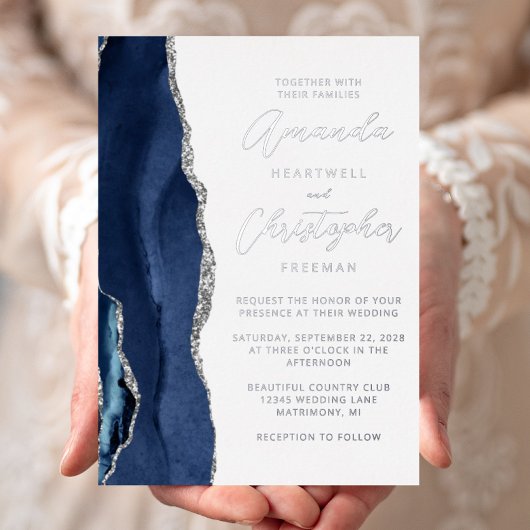 Invitation En Aluminium Mariage Agate Bleu Nuit Argent Script