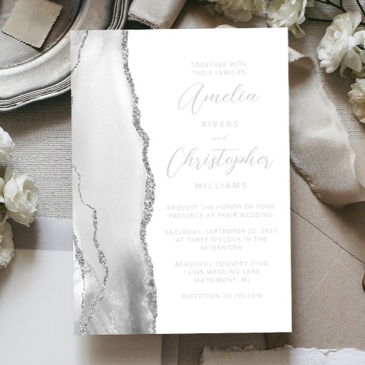 Invitation En Aluminium Mariage Agate Gris Argent Script