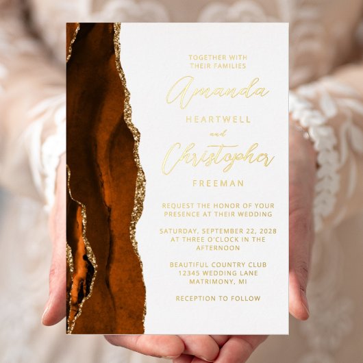 Invitation En Aluminium Mariage Agate Orange Brûlé Or Script