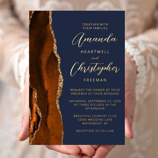 Invitation En Aluminium Mariage Agate Orange Brûlé Or Script Bleu Nuit