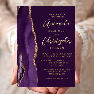 Invitation En Aluminium Mariage Agate Violet Or Script Abricot