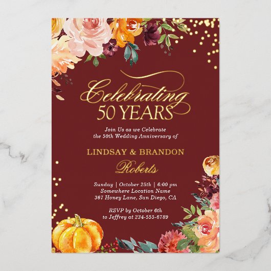 Invitation En Aluminium Mariage Anniversaire Photo Automne Bourgogne Or (Recto)