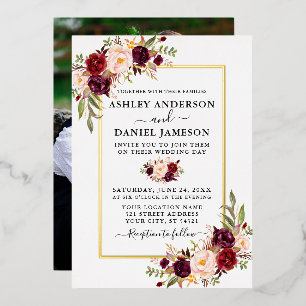 Invitation En Aluminium Mariage Aquarelle Floral Bourgogne Photo Or