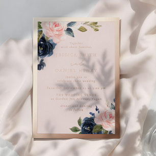 Invitation En Aluminium Mariage aquarelle florale rose gold et bleu marine