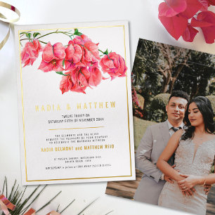 Invitation En Aluminium Mariage aquarelle rouge rose or bougainvillier