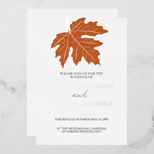 Invitation En Aluminium Mariage Argent de feuille d'érable d'automne orang (Recto/Verso)