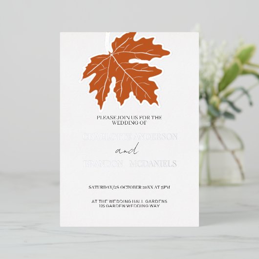 Invitation En Aluminium Mariage Argent de feuille d'érable d'automne orang (Debout devant)