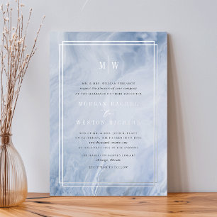 Invitation En Aluminium Mariage Argent Monogramme Opale Bleue
